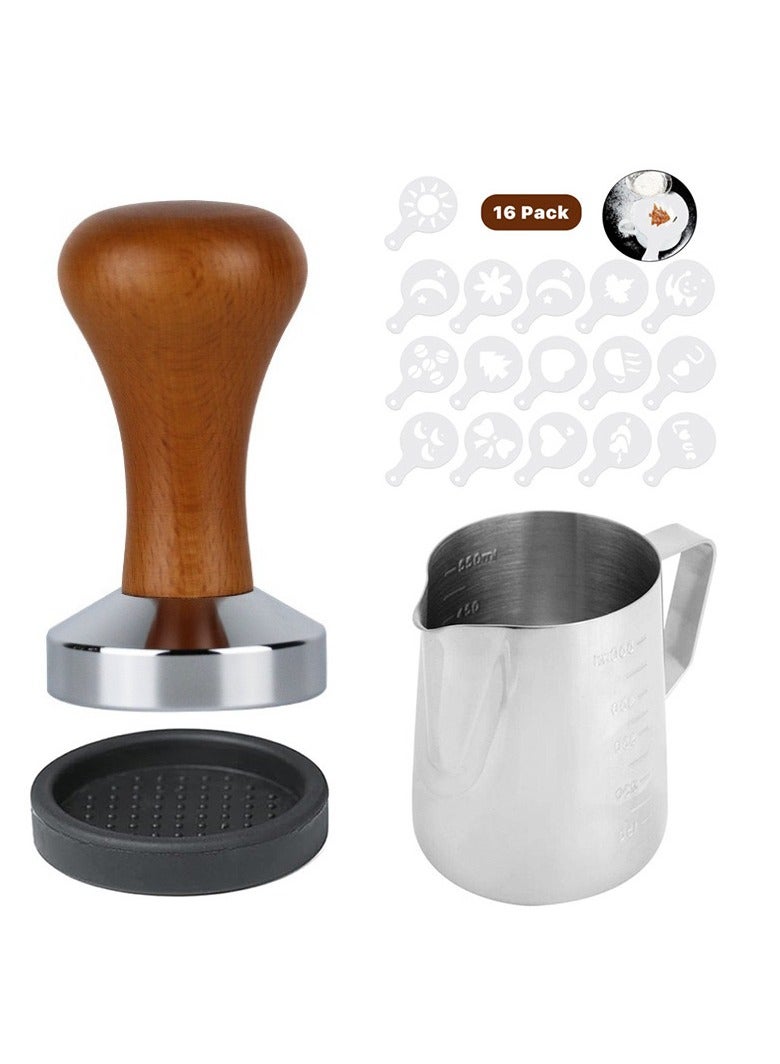 Stainless steel press hammer latte art cup cloth powder wooden handle press hammer coffee machine handle cloth powder maker coffee utensils set