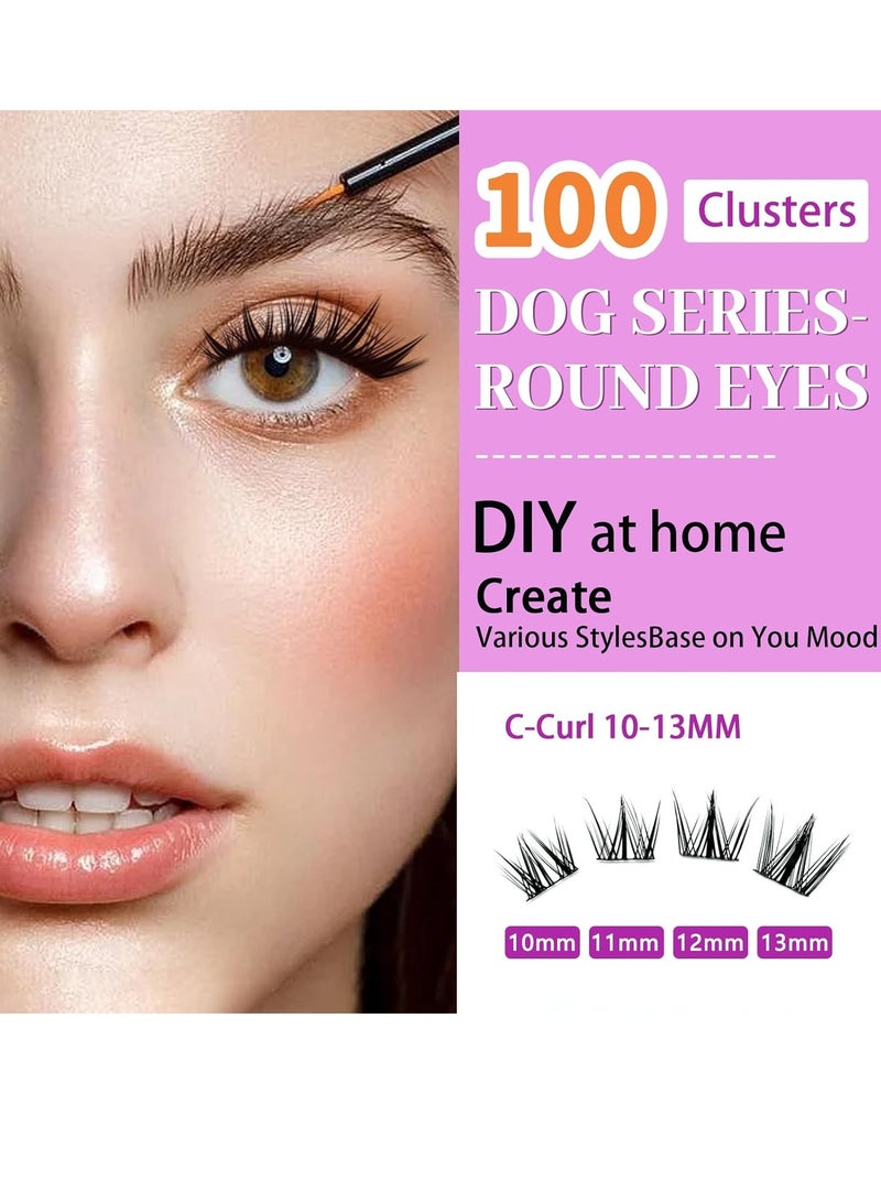 100Pcs Lashes Cluster DIY Lash Extension Kit Cute Dog Series 10-13mm Mix Individual Lashes Dog Eye Lashes Natural Look Cluster Lashes C Curl Wispy False Eyelashes Lash Kit