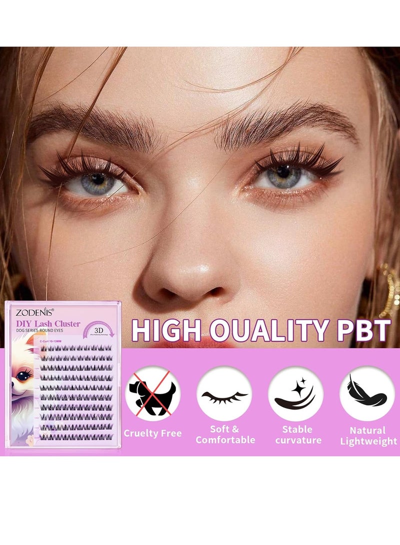 100Pcs Lashes Cluster DIY Lash Extension Kit Cute Dog Series 10-13mm Mix Individual Lashes Dog Eye Lashes Natural Look Cluster Lashes C Curl Wispy False Eyelashes Lash Kit