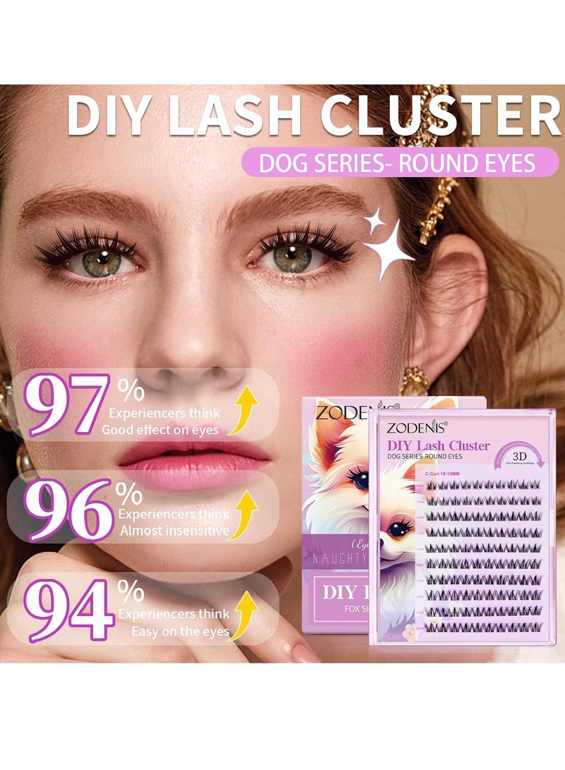 100Pcs Lashes Cluster DIY Lash Extension Kit Cute Dog Series 10-13mm Mix Individual Lashes Dog Eye Lashes Natural Look Cluster Lashes C Curl Wispy False Eyelashes Lash Kit