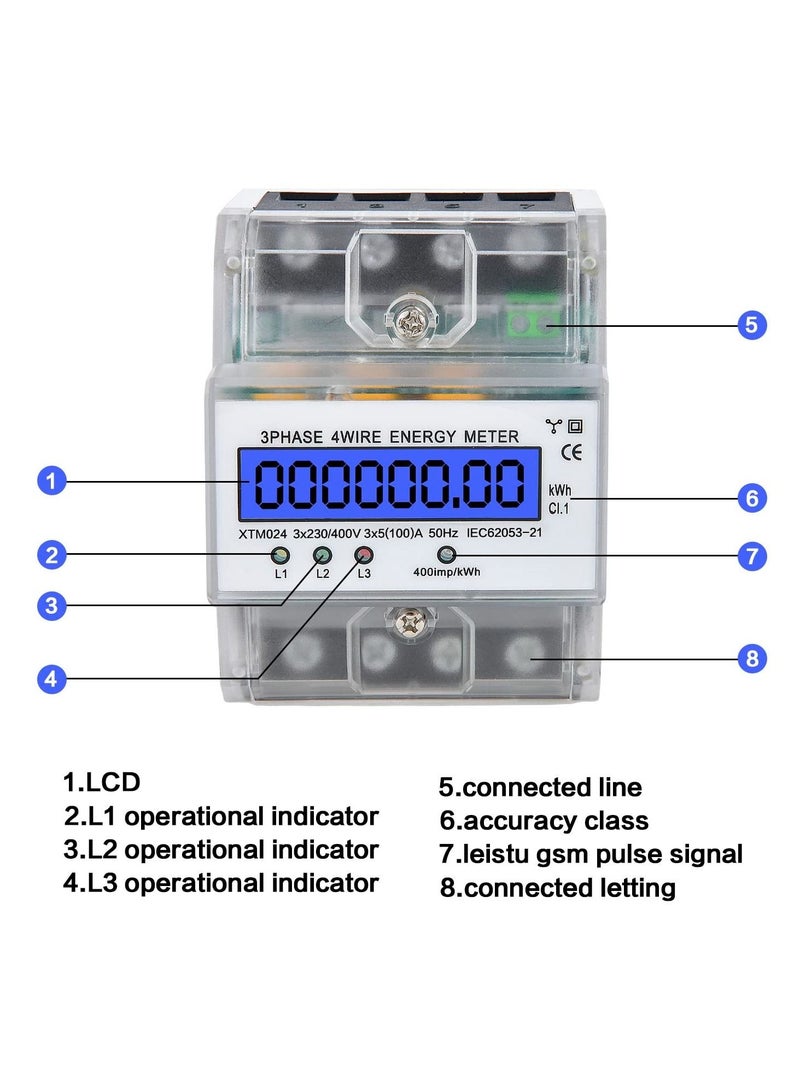 Digital 3 Phase Electricity Meter, Calibrated Three Wire Current Meter for 230/400V Power Systems, Top Hat Rail Mounted with LCD Display (5-100A)