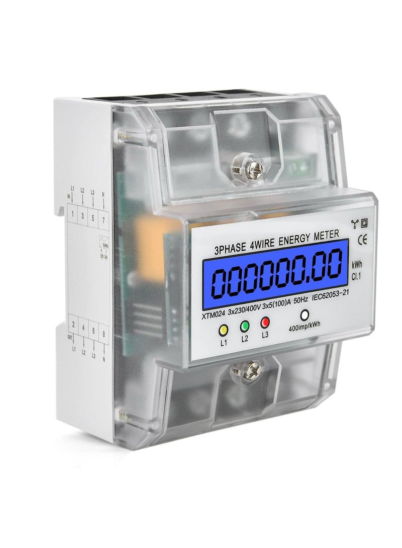 Digital 3 Phase Electricity Meter, Calibrated Three Wire Current Meter for 230/400V Power Systems, Top Hat Rail Mounted with LCD Display (5-100A)