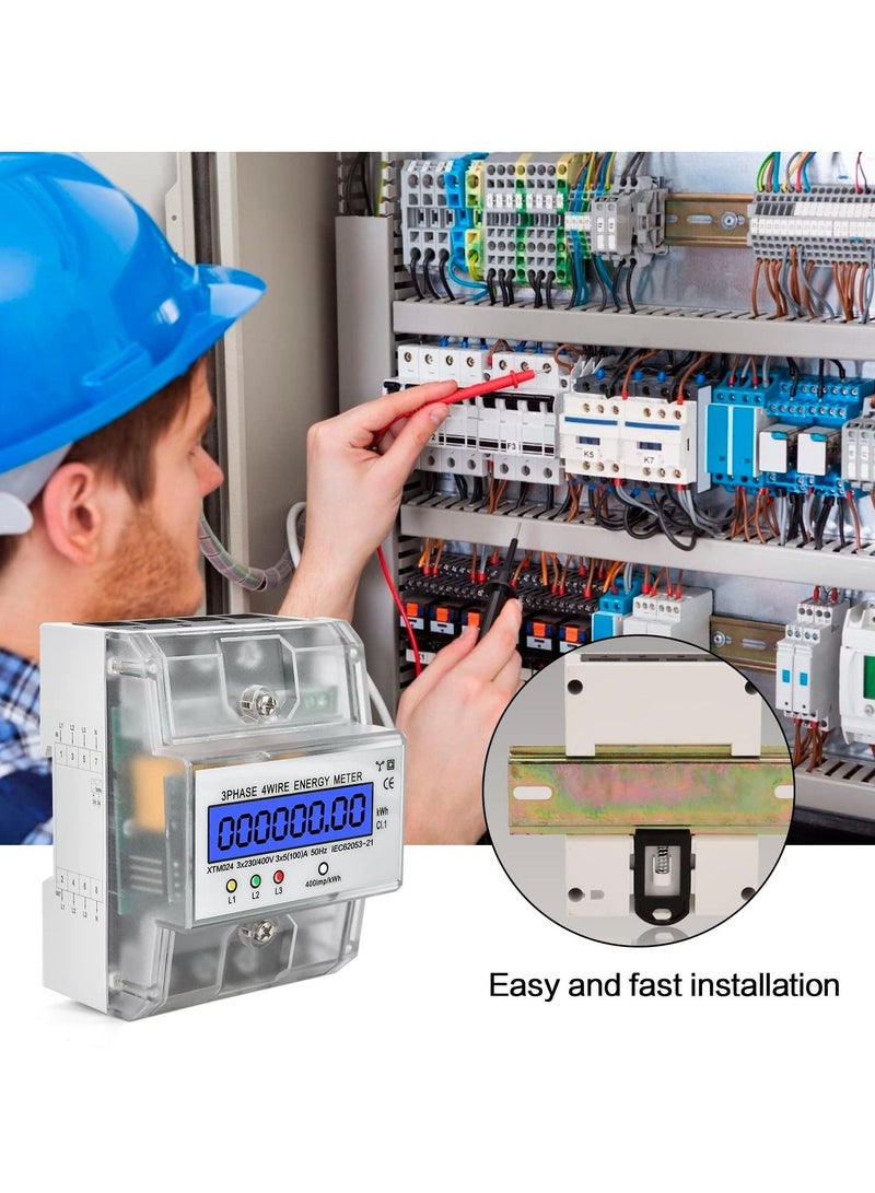 Digital 3 Phase Electricity Meter, Calibrated Three Wire Current Meter for 230/400V Power Systems, Top Hat Rail Mounted with LCD Display (5-100A)