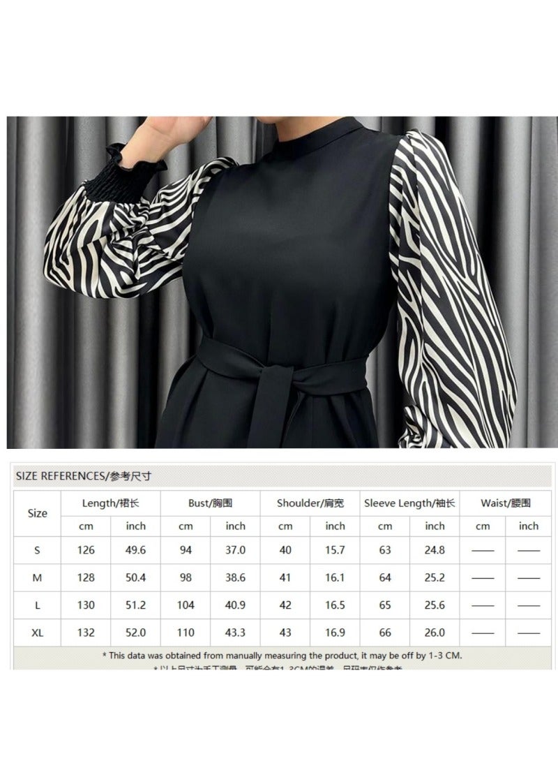 Elegant Middle Eastern-Inspired Black Dress with Black and White Striped Sleeves - Perfect for Professional Women