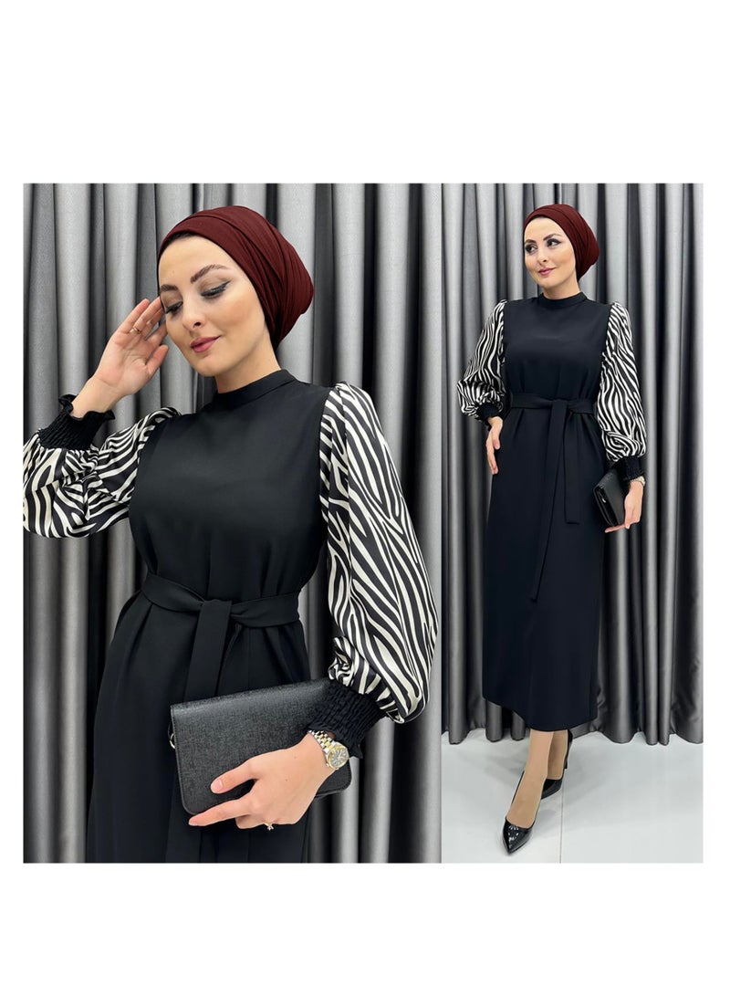 Elegant Middle Eastern-Inspired Black Dress with Black and White Striped Sleeves - Perfect for Professional Women