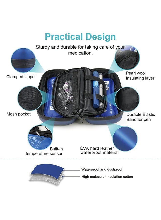 24-Hour Insulin Cooler Travel Case TSA Approved Medication Diabetic Cooler for Daily Life Trip with Thermometer Temperature Display Refrigerated Medicine Organizer Bag not Includes Ice Packs(Blue)