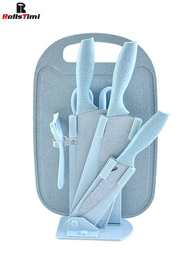 7-Piece Wheat Straw Kitchen Knife With Cutting Board Set,Blue