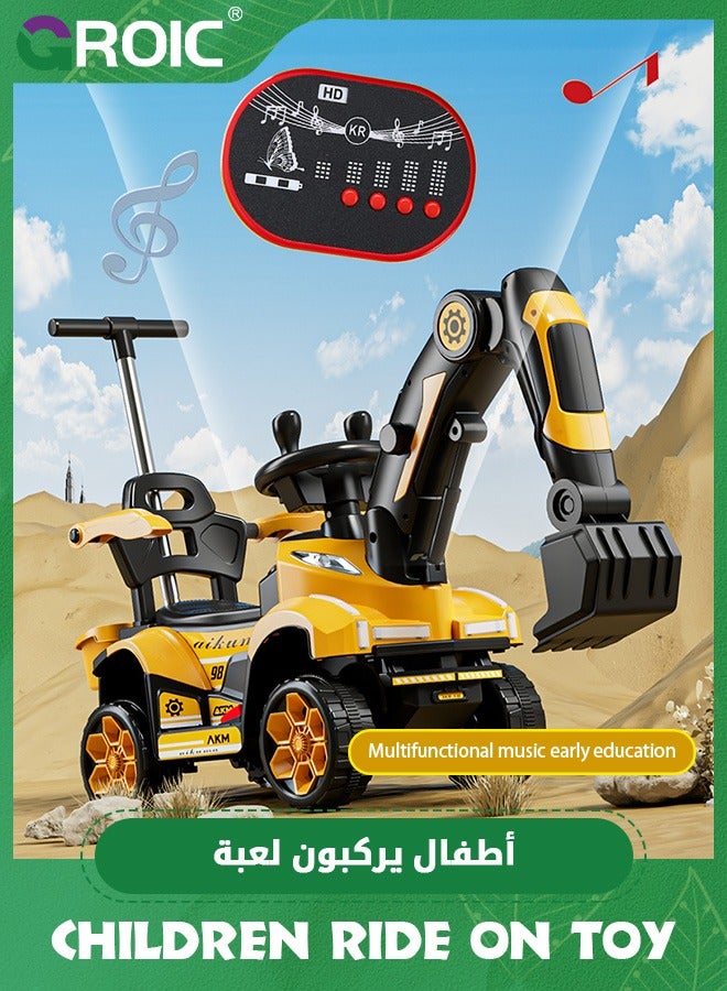 Kids Ride On Excavator,Music Sounds Digger Scooter,Toddler Construction Truck,Electric Excavator Ride On Toy,Large Engineering Vehicle, Remote Control Excavator with Hand Push Handle