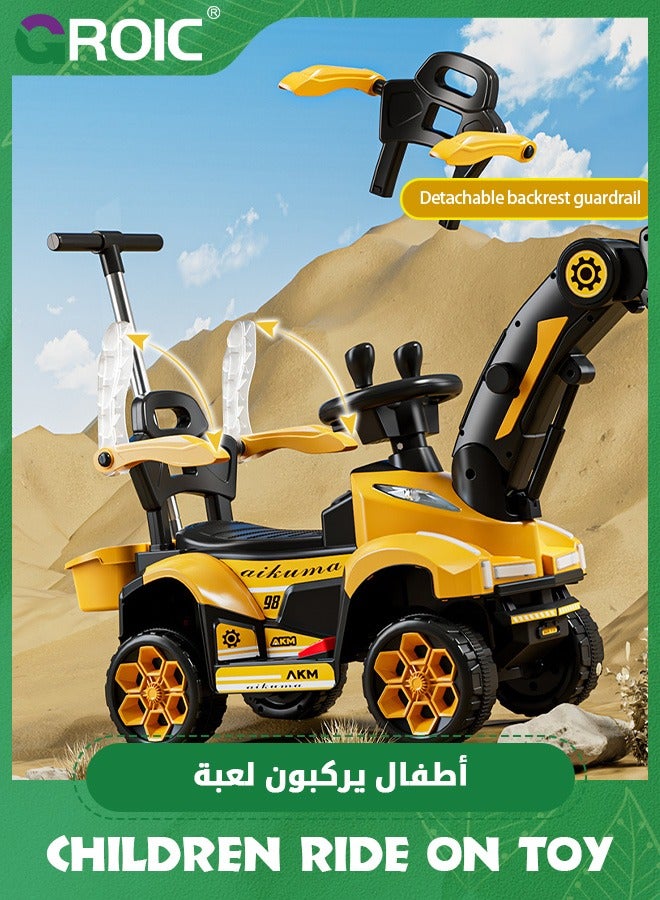 Kids Ride On Excavator,Music Sounds Digger Scooter,Toddler Construction Truck,Electric Excavator Ride On Toy,Large Engineering Vehicle, Remote Control Excavator with Hand Push Handle