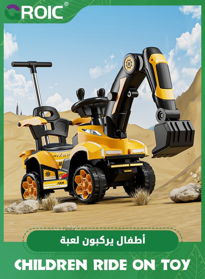 Kids Ride On Excavator,Music Sounds Digger Scooter,Toddler Construction Truck,Electric Excavator Ride On Toy,Large Engineering Vehicle, Remote Control Excavator with Hand Push Handle