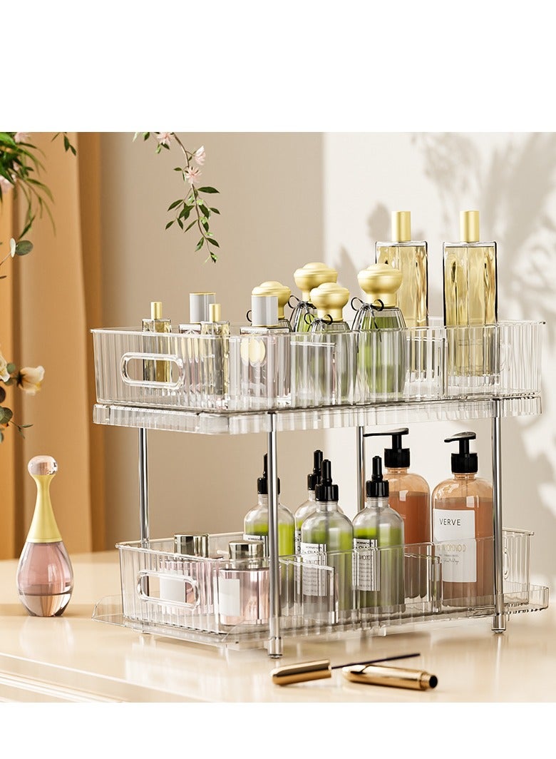 2-Tier Under Sink Organizer, Bathroom Organizer, Storage Organizer with Dividers and Cups, Multi-Purpose Slide-Out Storage Container for Cabinet,Fridge,Kitchen,Makeup,Office Desk