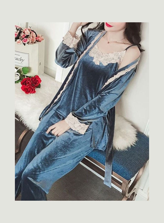 Women's Solid Color Ladylike Lace Velvet Pyjama Set Blue