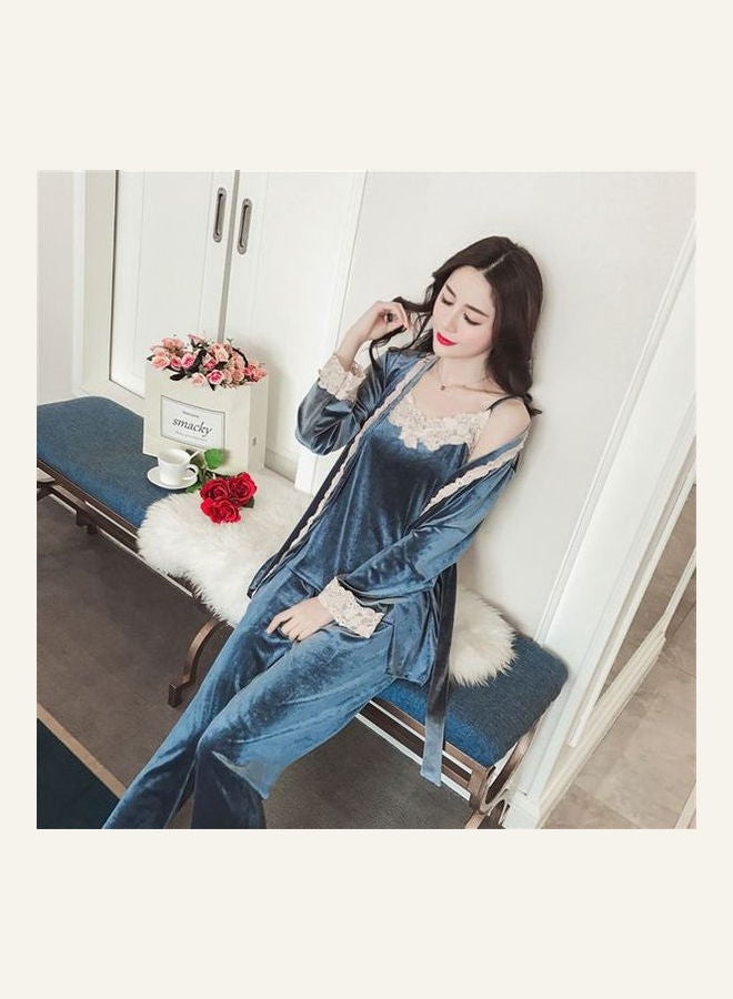 Women's Solid Color Ladylike Lace Velvet Pyjama Set Blue