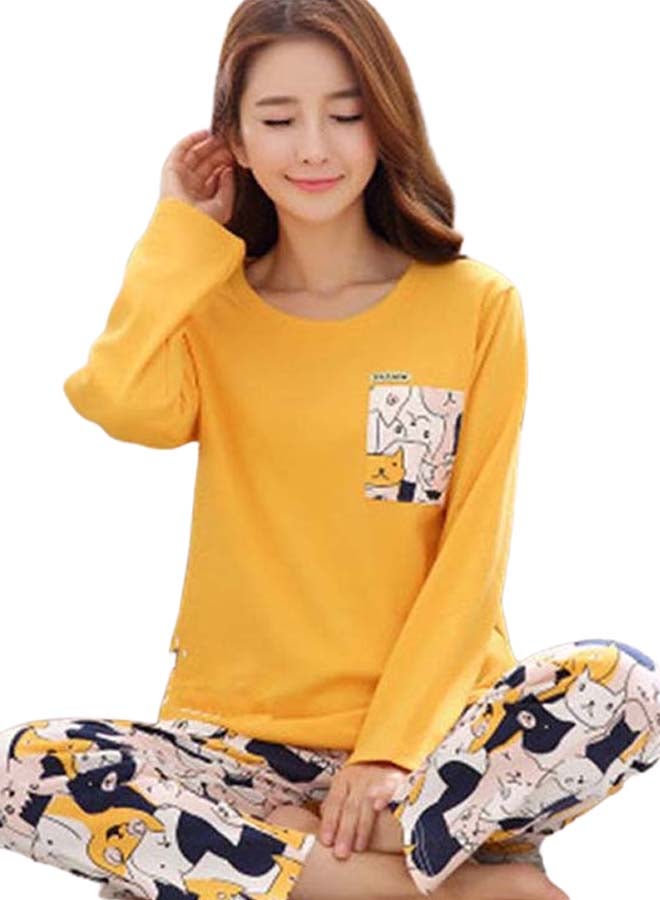 Cartoon Printed Long Sleeve T-Shirt And Pyjama Set Multicolour