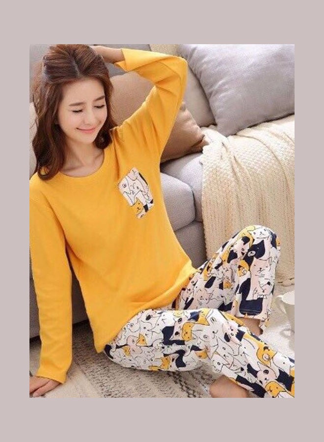 Cartoon Printed Long Sleeve T-Shirt And Pyjama Set Multicolour