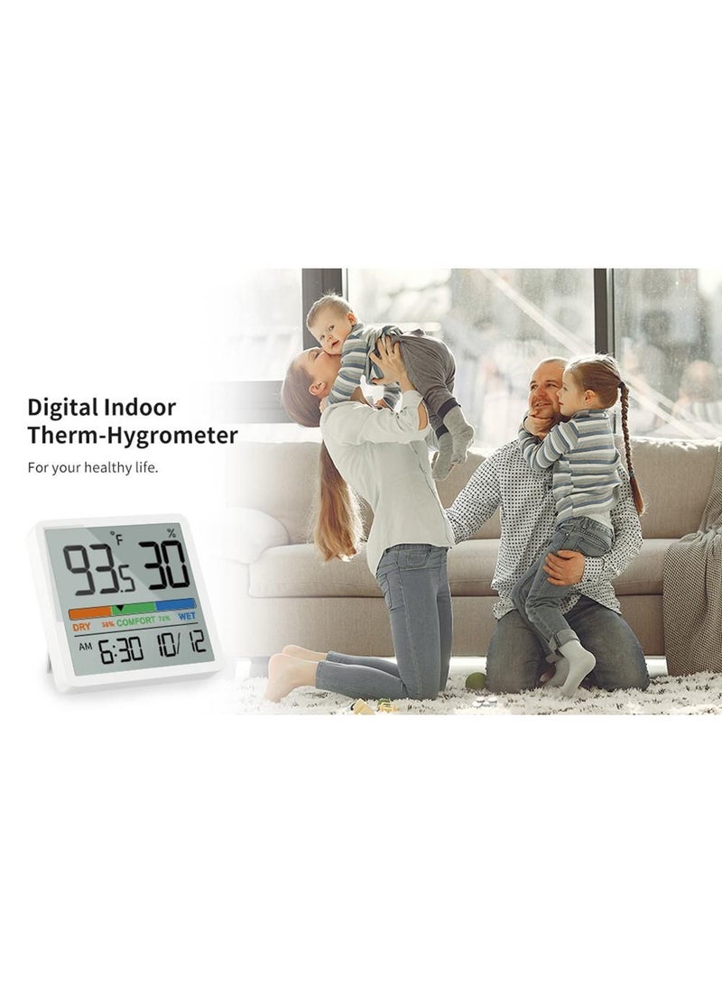 Indoor Thermometer Hygrometer - Room Temperature Gauge and Humidity Monitor for Home - Magnetic, Kickstand, 3.3in Screen Air Comfort Indicator, Time, Date - Spare Battery Included White