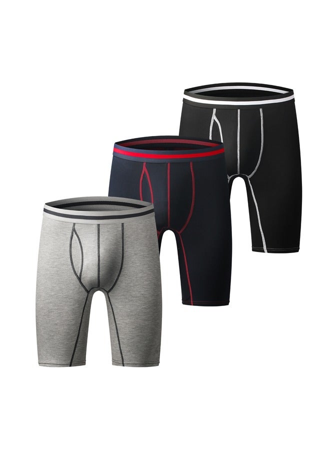 3 Pack Stretch Boxer Brief Underwear for Mens Soft Comfy Breathable Classics Cotton Plain Underwear Sport Open Fly Shorts,Long Underwear Mens