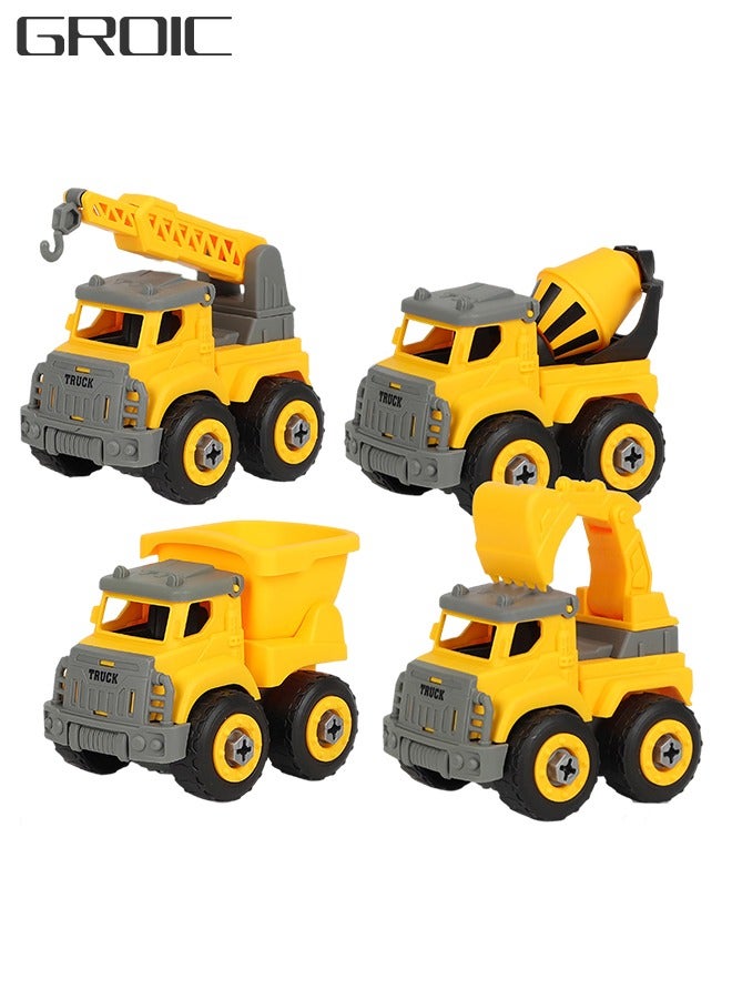 4 Pcs Engineering Vehicle Toy Set, Mini Construction Vehicles Assembly and Disassembly DIY Play for Kids, Take Apart Building Toys Truck, Educational Indoor Outdoor Beach Toys for Playing with Sand