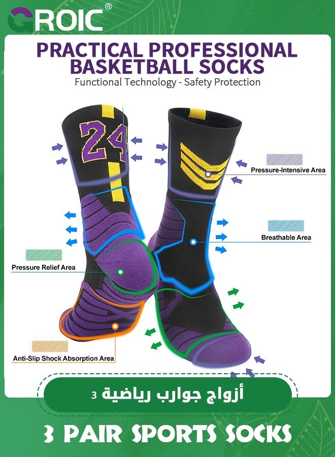 3 Pair Elite Basketball Socks, Athletic Socks with 3D Ankle Protection, Football Socks & Running Socks, Compression Cushion Sport Socks Unisex