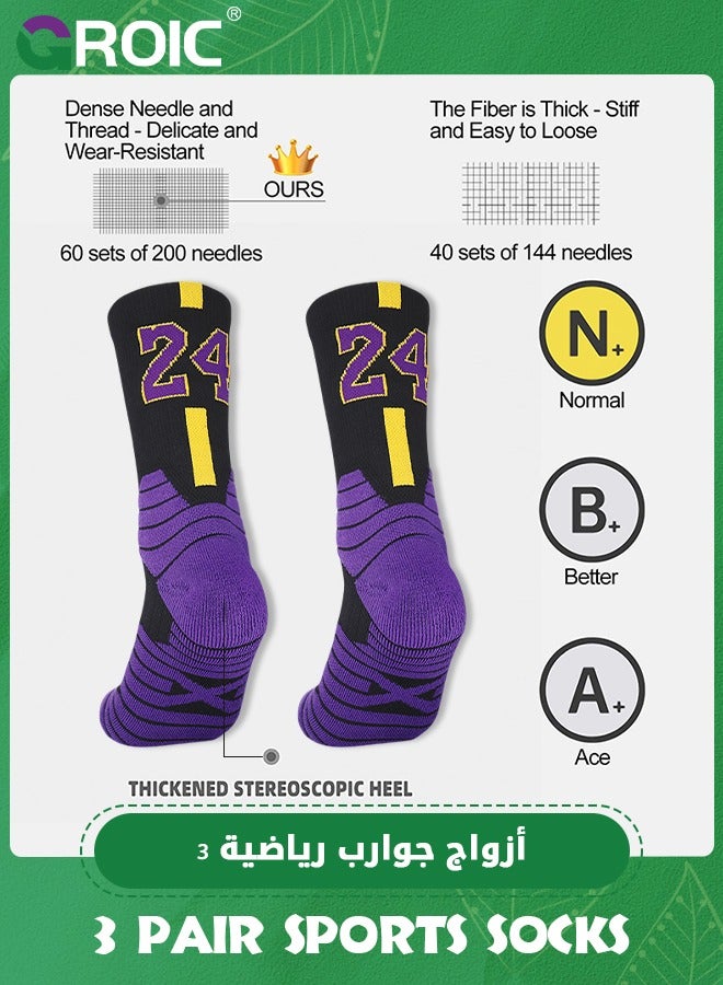 3 Pair Elite Basketball Socks, Athletic Socks with 3D Ankle Protection, Football Socks & Running Socks, Compression Cushion Sport Socks Unisex