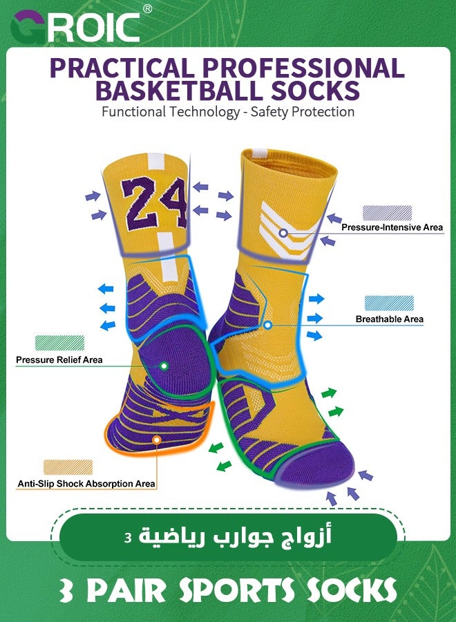 3 Pair Elite Basketball Socks, Athletic Socks with 3D Ankle Protection, Football Socks & Running Socks, Compression Cushion Sport Socks Unisex