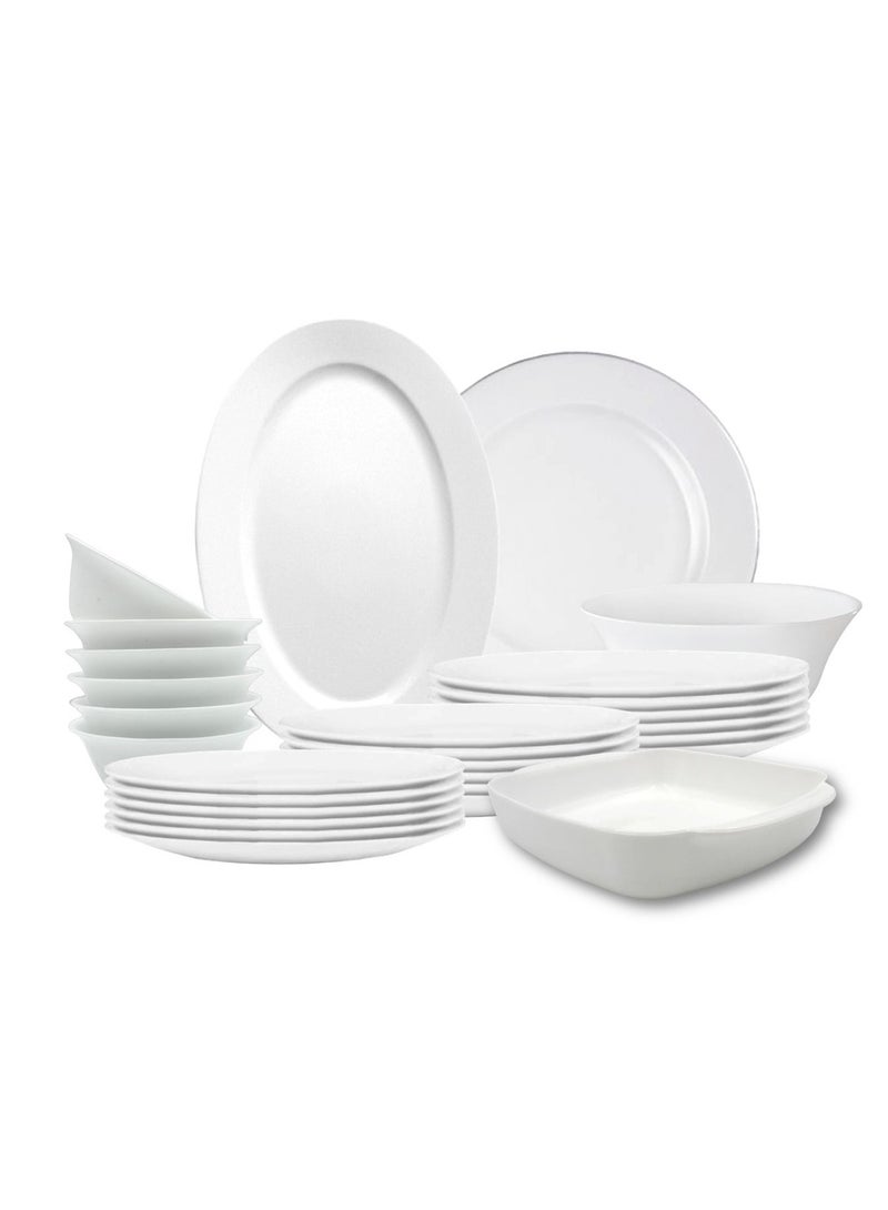 Melrich 36 Pcs Opal ware Dinner set Dishwasher safe Microwave safe Freezer safe 8 Dinner set 8 Dessert plate 8 Soup plate 8 Bowl 2 Large Bowl 1 Serving Plate 1 Grill Tray BPA free