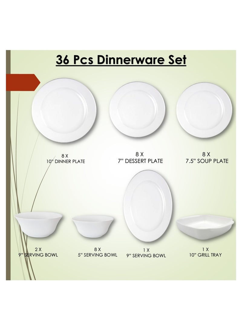 Melrich 36 Pcs Opal ware Dinner set Dishwasher safe Microwave safe Freezer safe 8 Dinner set 8 Dessert plate 8 Soup plate 8 Bowl 2 Large Bowl 1 Serving Plate 1 Grill Tray BPA free