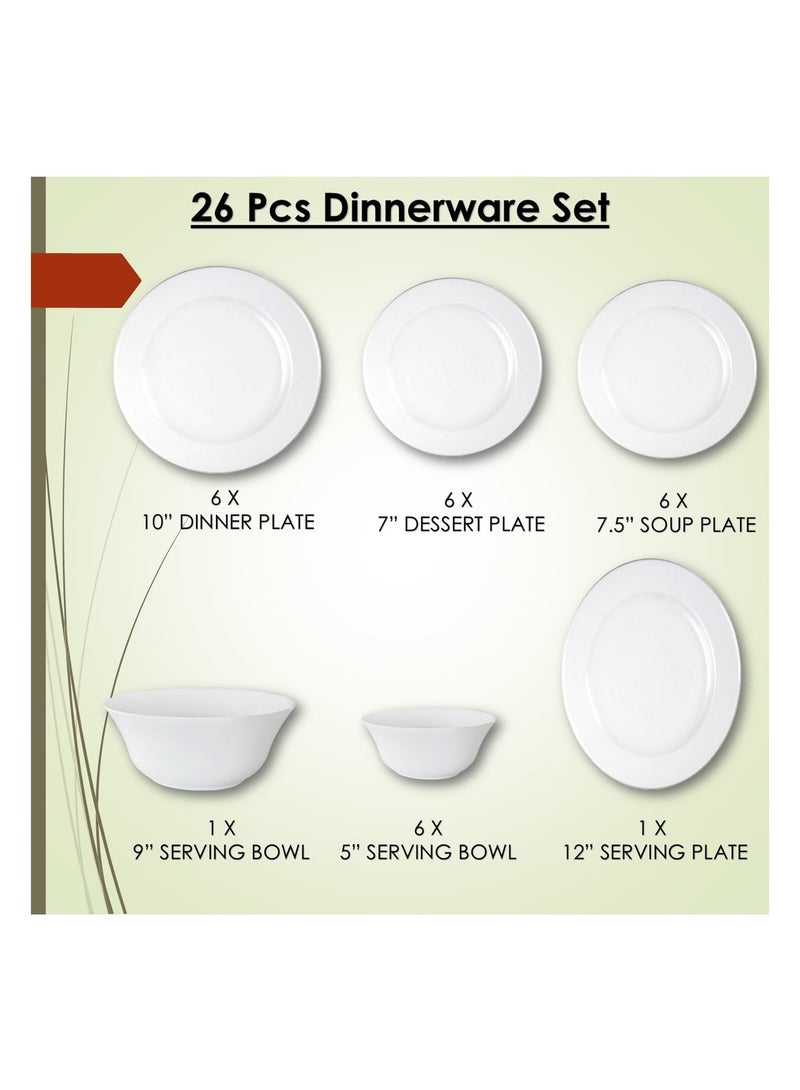 Melrich 26 Pcs Opal ware Dinner Set Dishwasher safe, Microwave safe Freezer safe 6 Dinner plate 6 Dessert plate 6 Soup plate 6 Bowl 1 Serving Plate 1 Serving Bowl BPA free