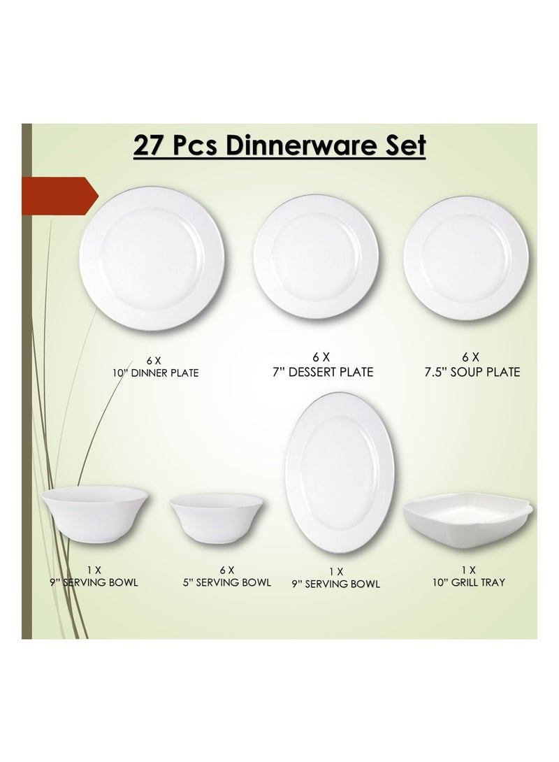 Melrich 27 Pcs Opal ware Dinner Set Dishwasher safe Microwave safe Freezer safe 6 Dinner plate 6 Dessert plate 6 Soup plate 6 bowl 1 Large bowl 1 Serving plate 1 Grill tray BPA free