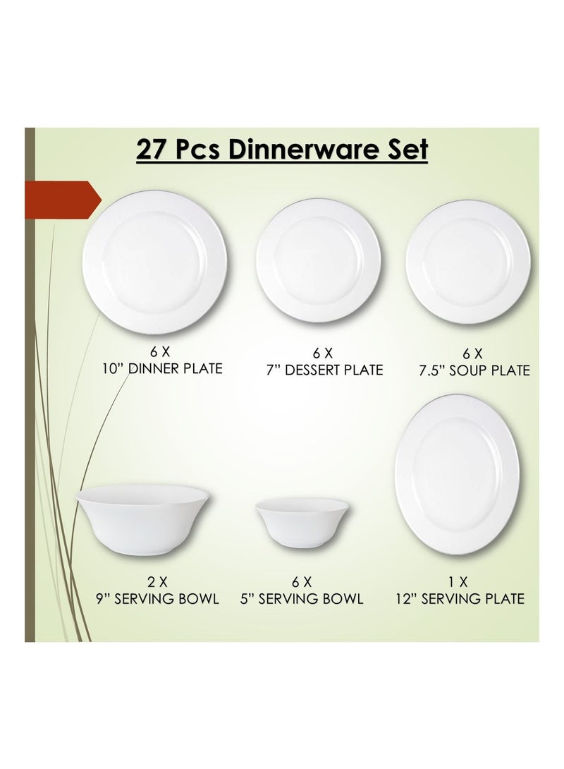 Melrich 27 Pcs Opal ware Dinner set Dishwasher safe Microwave safe Freezer safe 6 Dinner plate 6 Dessert plate 6 Soup plate 6 Bowl 2 Large bowl 1 Serving plate BPA free