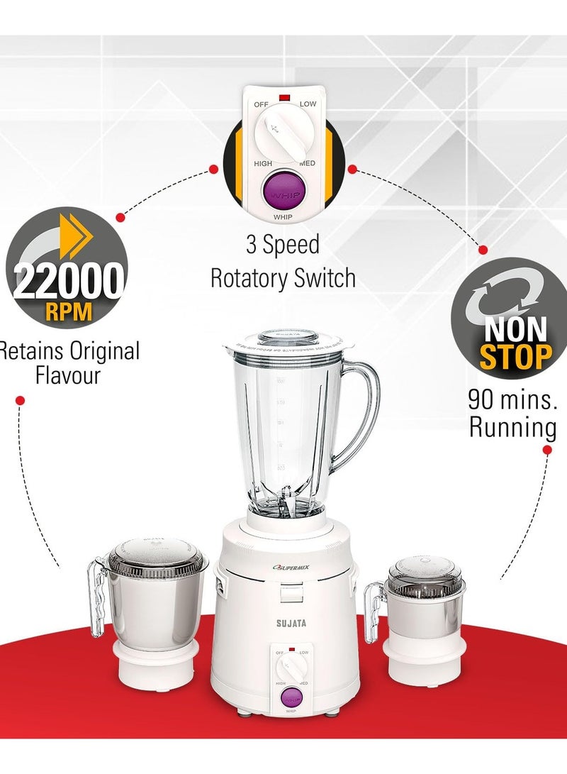 Sujata Supermix 900 Watts Mixer Grinder | 22000 Rotations Per Min | 90 Minutes Continuous Running | 3 Versatile Jars 1750 ml, 1000 ml and 400 ml