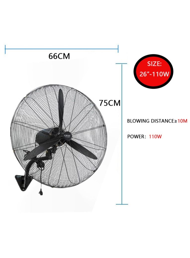 Industrial Fan, Wall Fan, High Velocity Metal Wall Mounted Fan, 26inch,110W, Heavy Duty Industrial Use 3 Speed With Aluminum High Speed Blades Oscillating For Warehouse Open-Air Restaurant