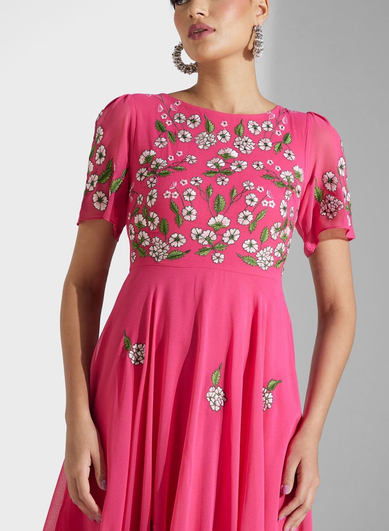 Embroidered Pleated Dress