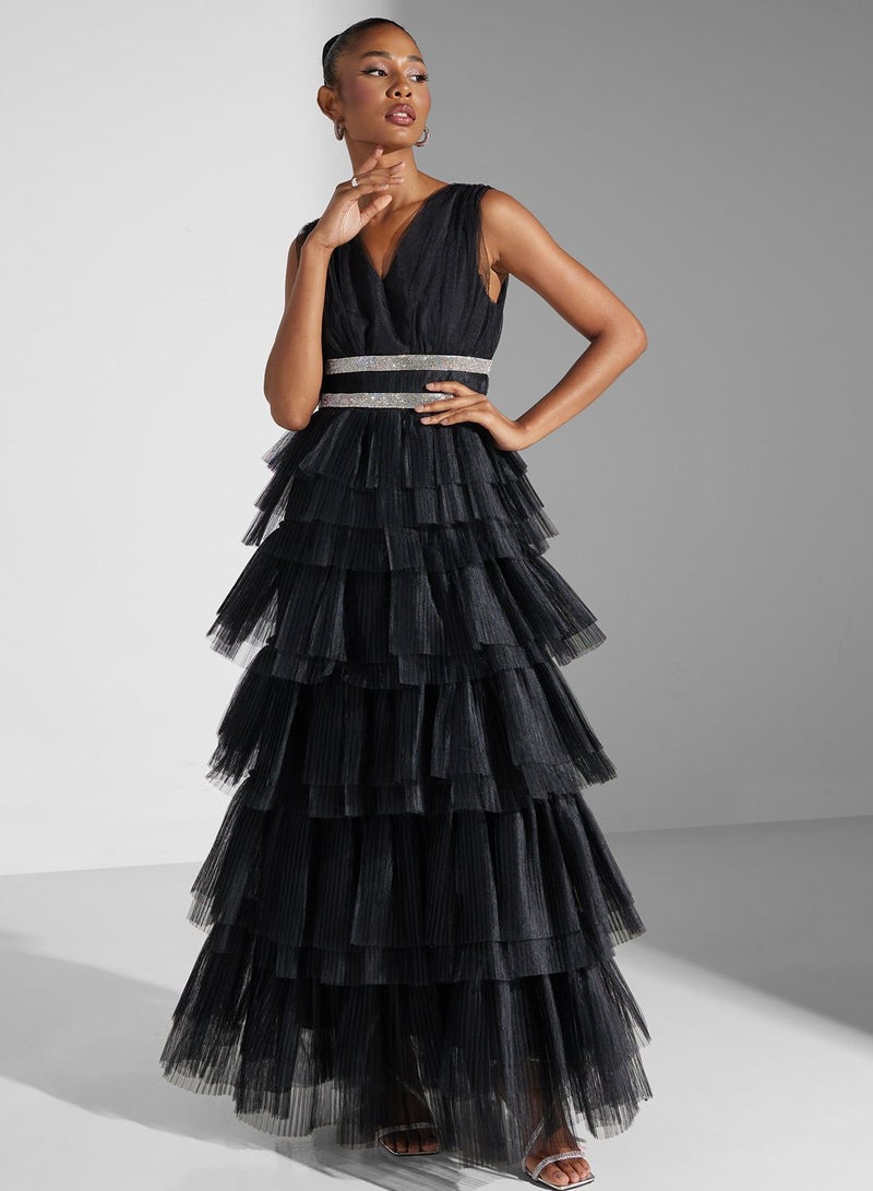 Diamante Belted Tulle Maxi Dress