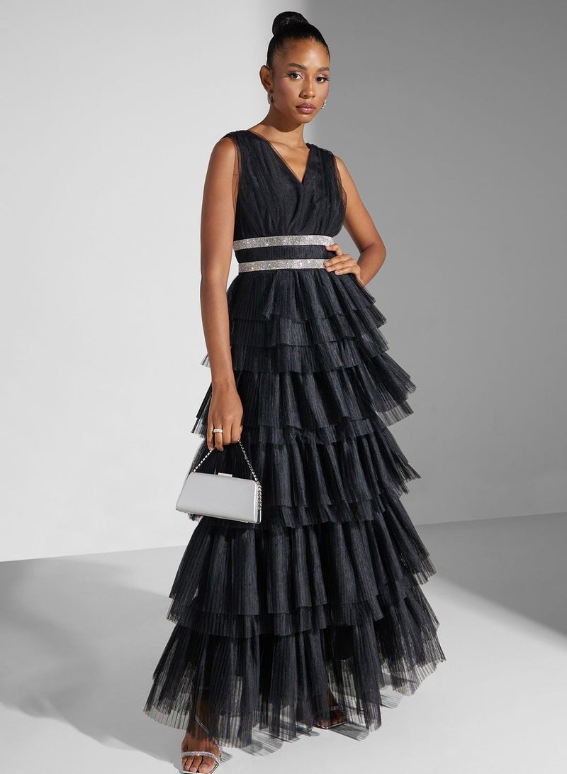 Diamante Belted Tulle Maxi Dress