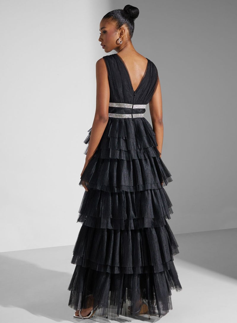 Diamante Belted Tulle Maxi Dress