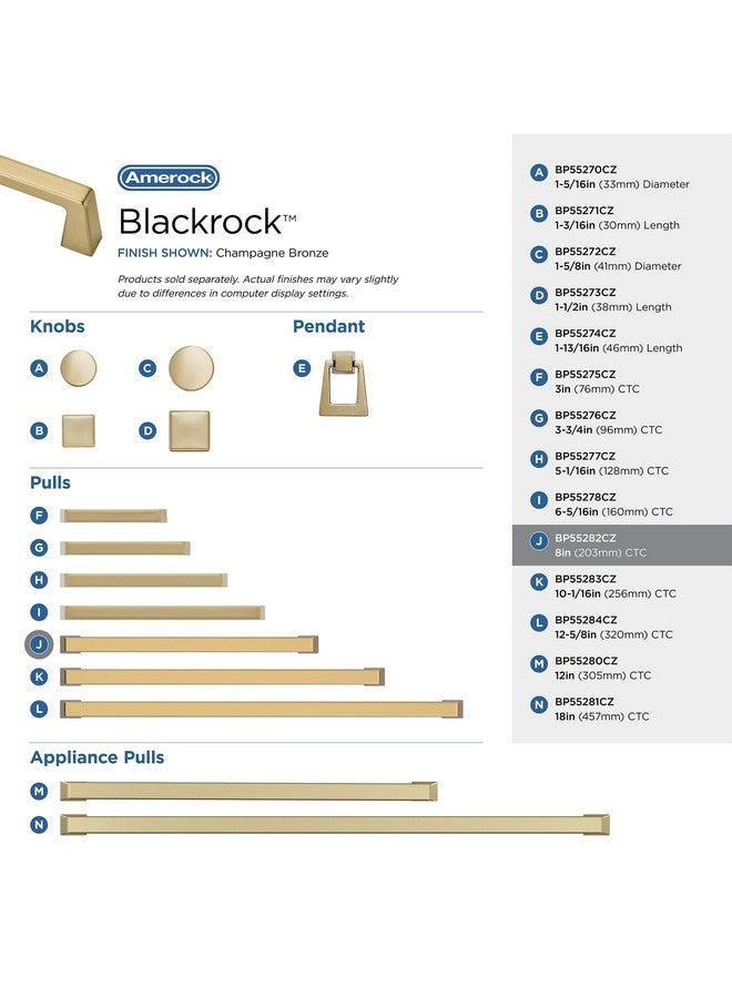 Bp55282Cz | Champagne Bronze Cabinet Pull | 8 In (203 Mm) Centertocenter Cabinet Handle | Blackrock | Drawer Pull | Kitchen Cabinet Handle | Furniture Hardware