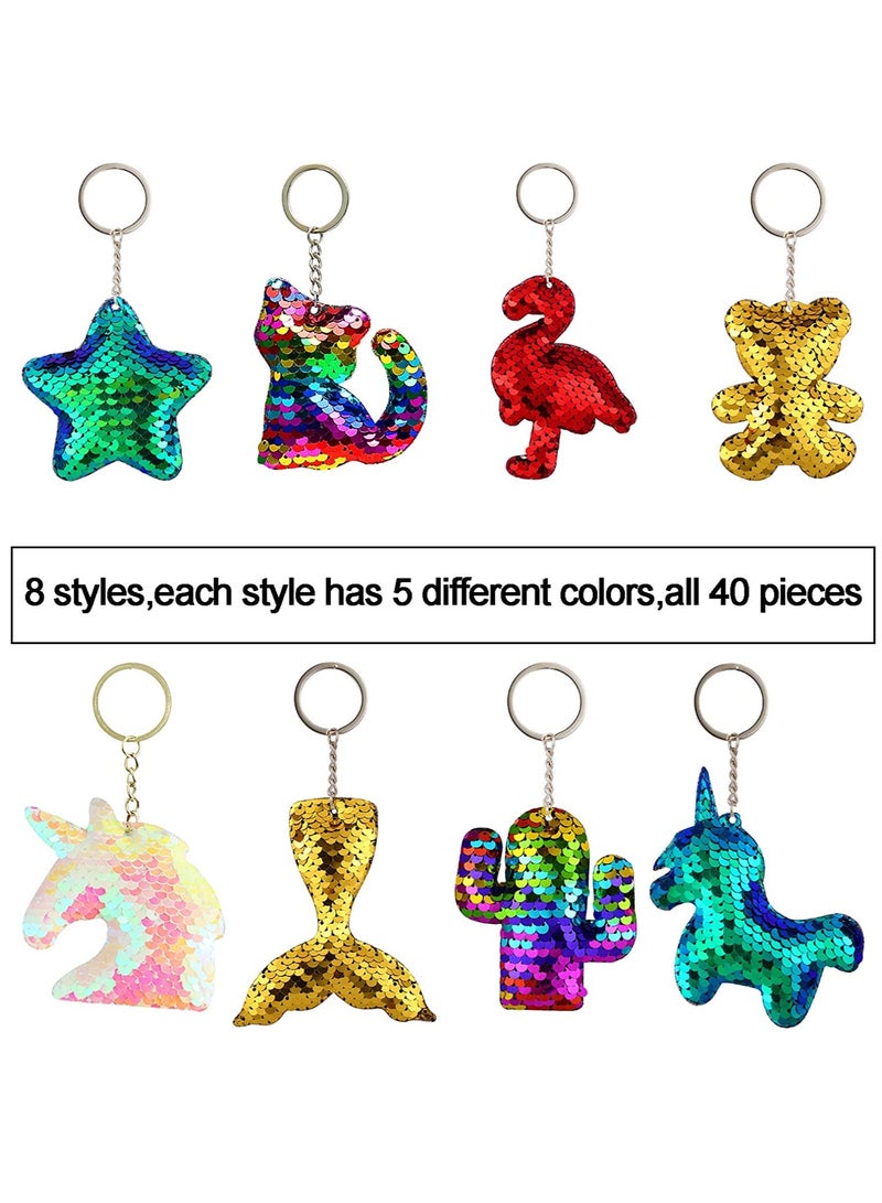 Sequin Keychain, Hanging Key Chain with Mermaid Tail Unicorn Pony Cat Star Flamingo Cub Cactus Shape keychains for Kids Girls Party favor 8 Styles, 40 Pieces