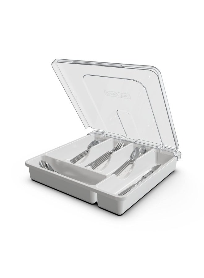 Silverware Tray With Lid Utensil Drawer Organizer For Kitchen Countertop Plastic Flatware Organizers And Storage Holder 5 Compartments White