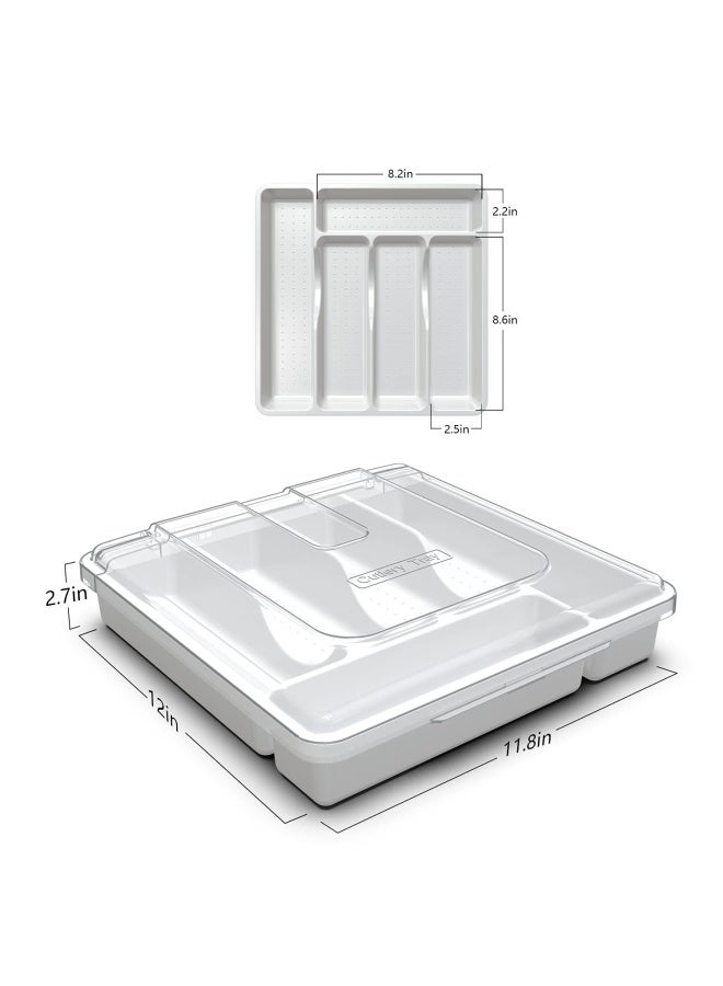 Silverware Tray With Lid Utensil Drawer Organizer For Kitchen Countertop Plastic Flatware Organizers And Storage Holder 5 Compartments White