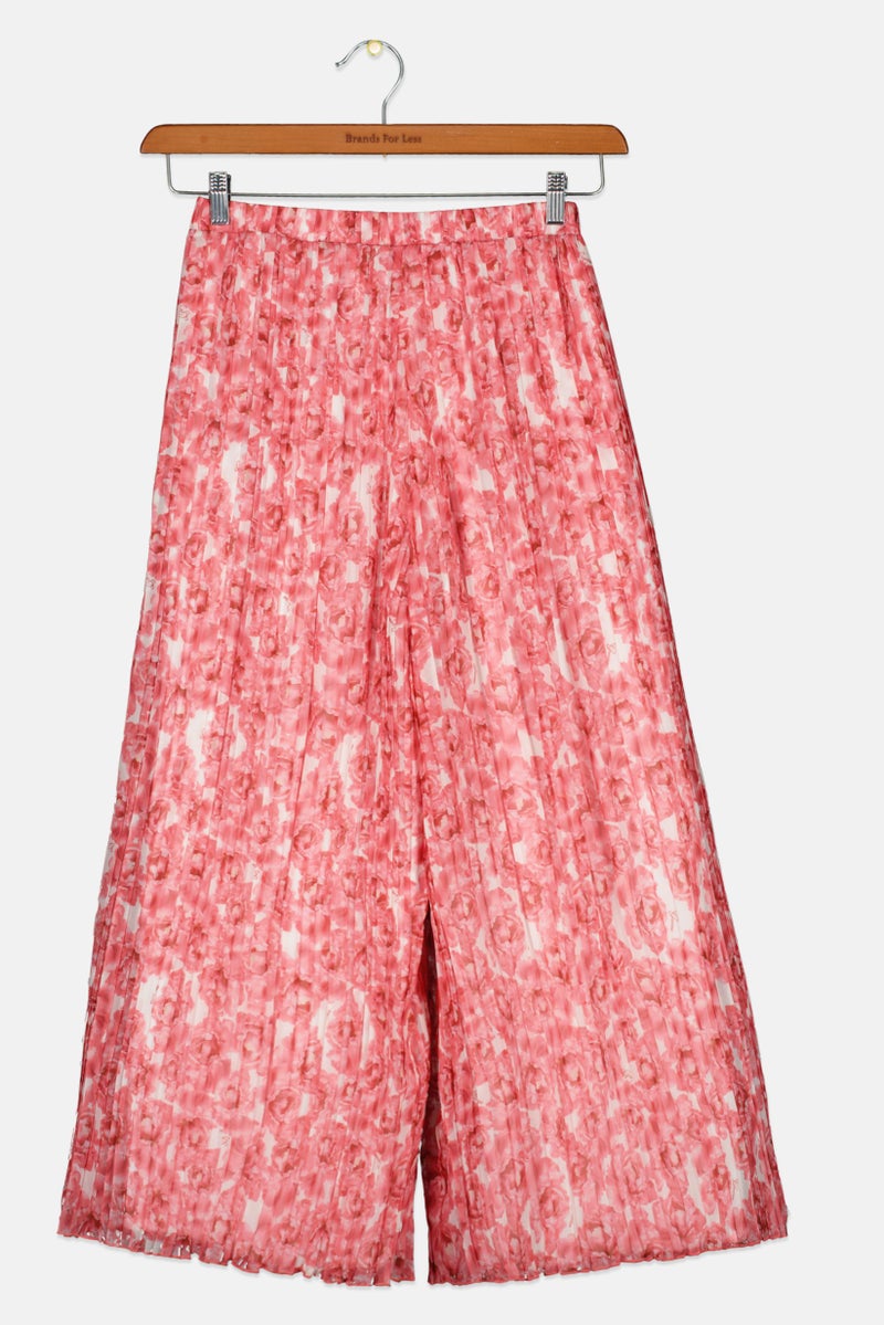 Kids Girl Floral Pleated Wide Leg Pants, Red/White