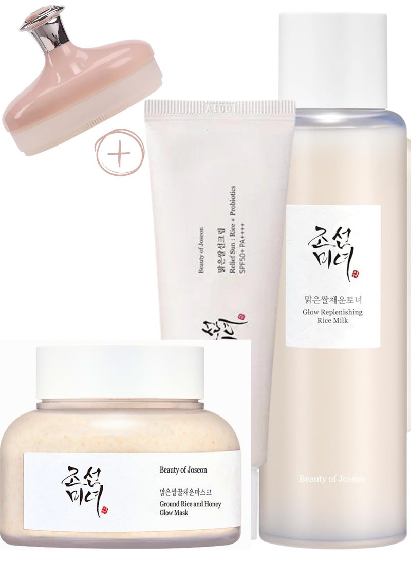 Radiant Glow Pack & Face Scrubber - Ground Rice & Honey Mask - Glow Replenishing Rice Milk - & Relief Sun with Probiotics Set for a Nourished, Protected, and Radiant Complexion 350ml