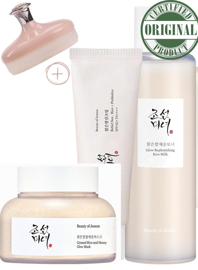 Radiant Glow Pack & Face Scrubber - Ground Rice & Honey Mask - Glow Replenishing Rice Milk - & Relief Sun with Probiotics Set for a Nourished, Protected, and Radiant Complexion 350ml