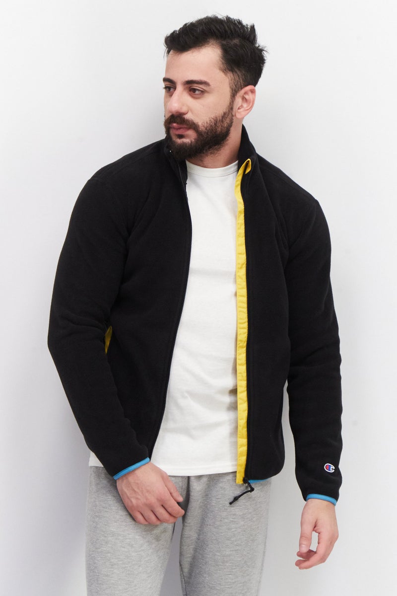 Men Sportswear Fit High Neck Long Sleeve Full Zipper Jacket, Black/Yellow