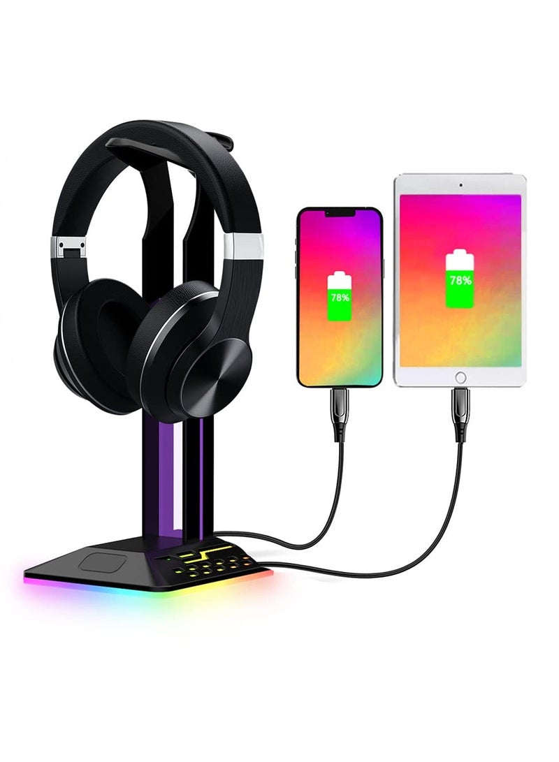 RGB Gaming Headphone Stand with 7 Light Modes, Type-C and USB Ports, Non-Slip Design, Perfect Gift for Gamers and Earphone Accessories