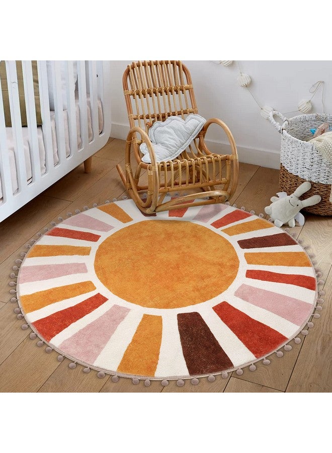 Round Boho Rug 4Ft Sun Circular Rug For Nursery Room， Colorful Circle Rug Cute Kids Rug For Living Room Retro Nonslip Cozy Round Rugs Soft Rainbow Classroom Rug For Play Room