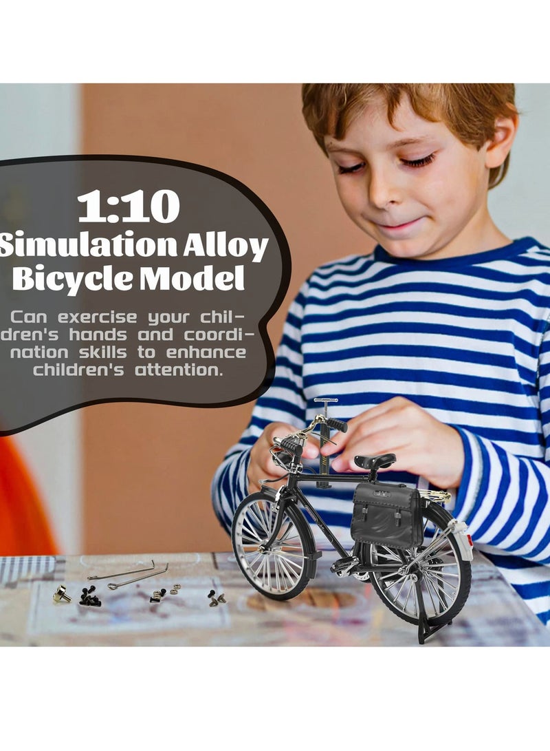 Mini DIY Retro Bicycle Model Kit for Kids, 1:10 Scale Ornament with Inflator and Briefcase, Perfect Home and Office Decor