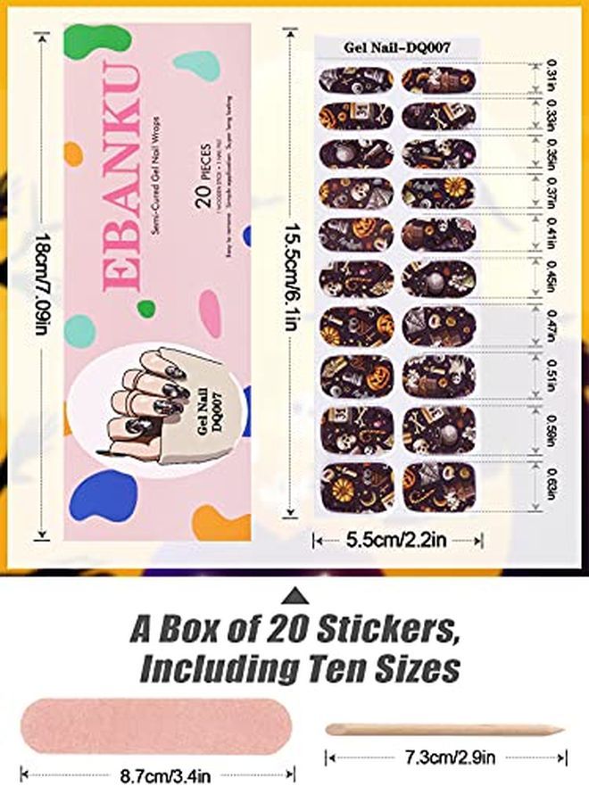 Halloween Semi Cured Gel Nail Polish Strips, 20 Stickers Halloween Gel Nail Polish Stickers Wraps Halloween Nail Art Adhesive Stickers With Nail File Stick And Sealing Strip (Uv/Led Lamp Required)