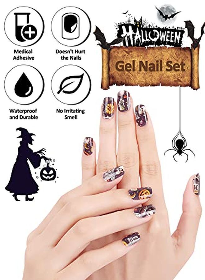 Halloween Semi Cured Gel Nail Polish Strips, 20 Stickers Halloween Gel Nail Polish Stickers Wraps Halloween Nail Art Adhesive Stickers With Nail File Stick And Sealing Strip (Uv/Led Lamp Required)