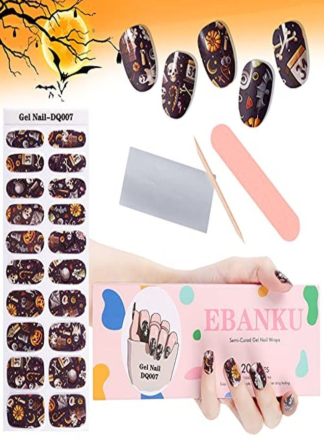 Halloween Semi Cured Gel Nail Polish Strips, 20 Stickers Halloween Gel Nail Polish Stickers Wraps Halloween Nail Art Adhesive Stickers With Nail File Stick And Sealing Strip (Uv/Led Lamp Required)